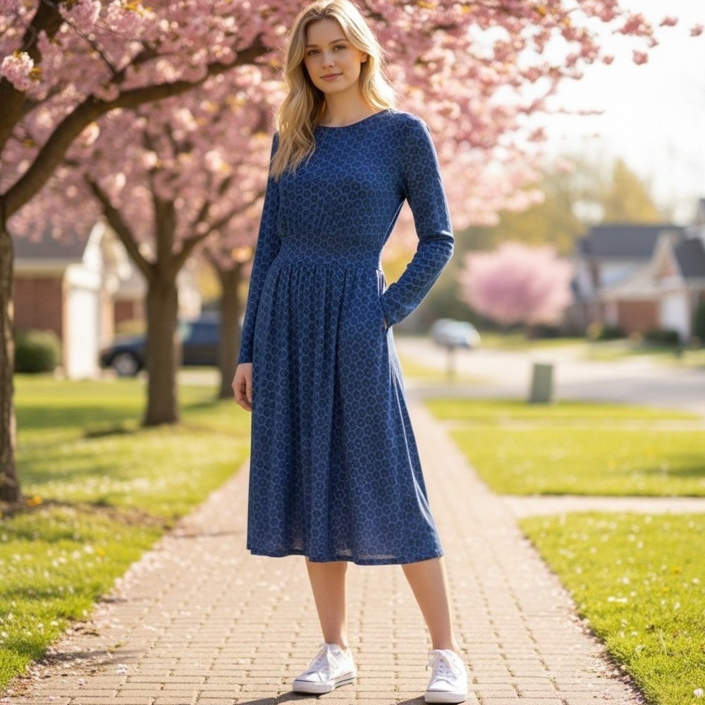 Boden Blue Geometric Print Midi Dress Long Sleeve  Jersey Modest Preppy Size 12